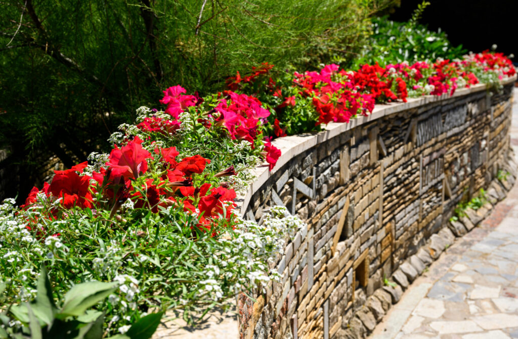 Landscape Design Of House Backyard With Retaining Wall And Flowerbed